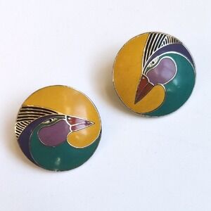 Vtg Laurel Burch Harlequin Bird Earrings - Round Circle Gold Tone Studs Yellow